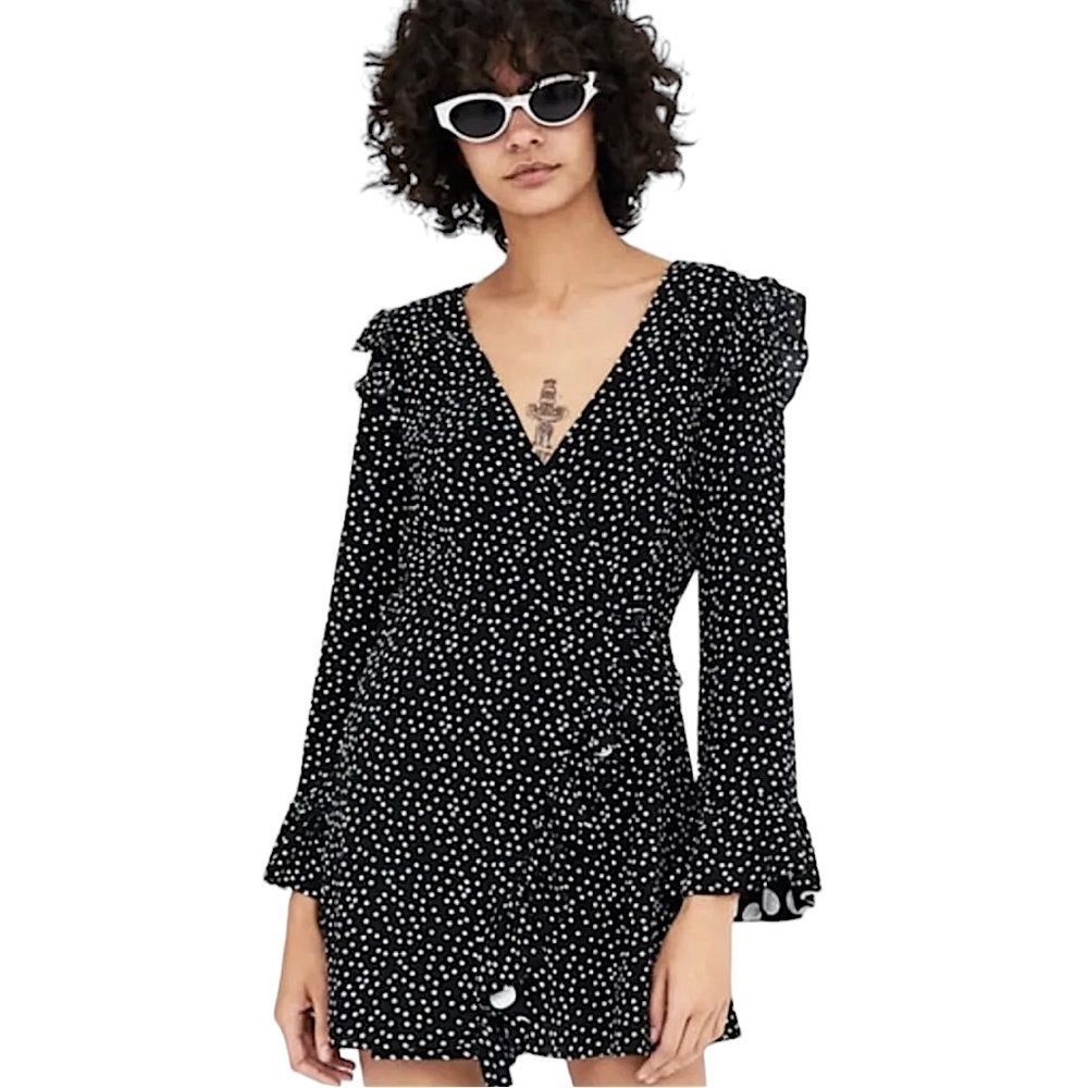 Zara Long Sleeve B&W Polka Dot Mini Wrap Dress